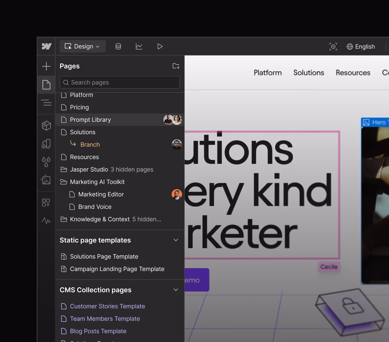 A screenshot of Webflow showing two developers working on a page called "Prompt Library", one developer working in a branch, and one marketer working on a different page.
