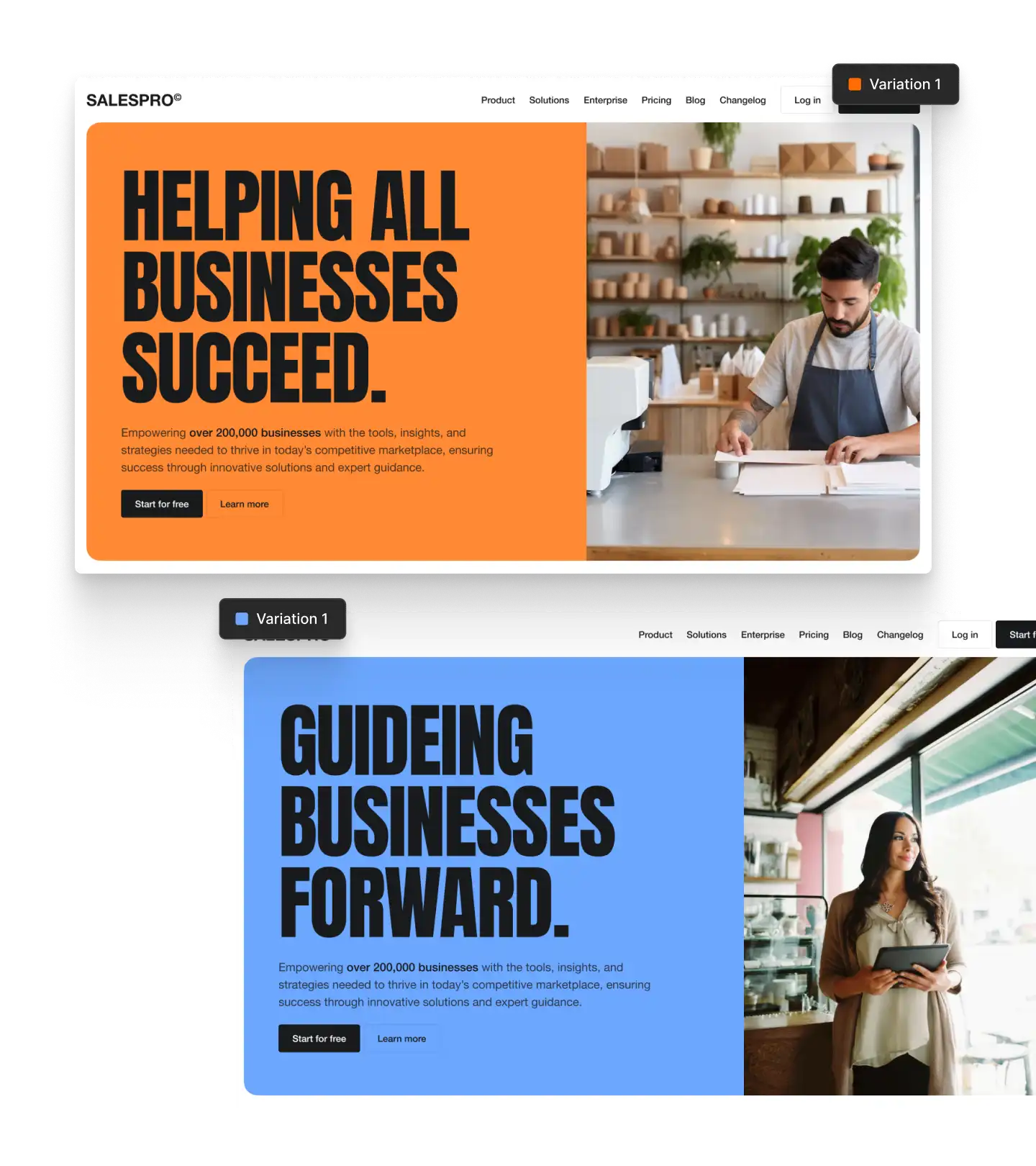 A screenshot of Webflow showing two versions of a page header with different color backgrounds.