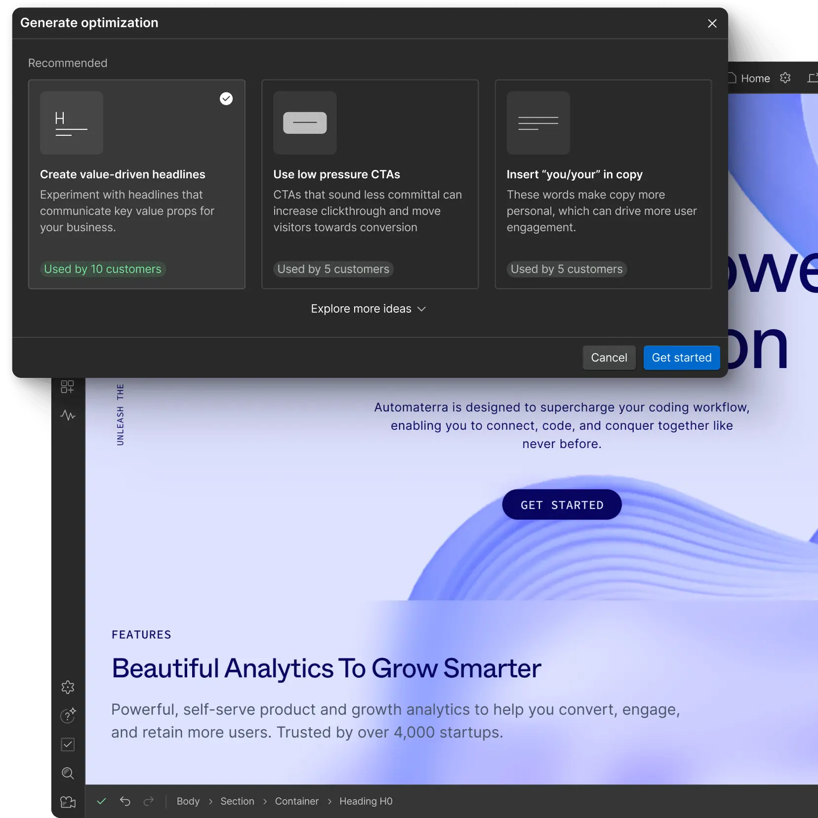 A screenshot of Webflow showing an Optimize modal that prompts generating headlines, CTA, and copy.