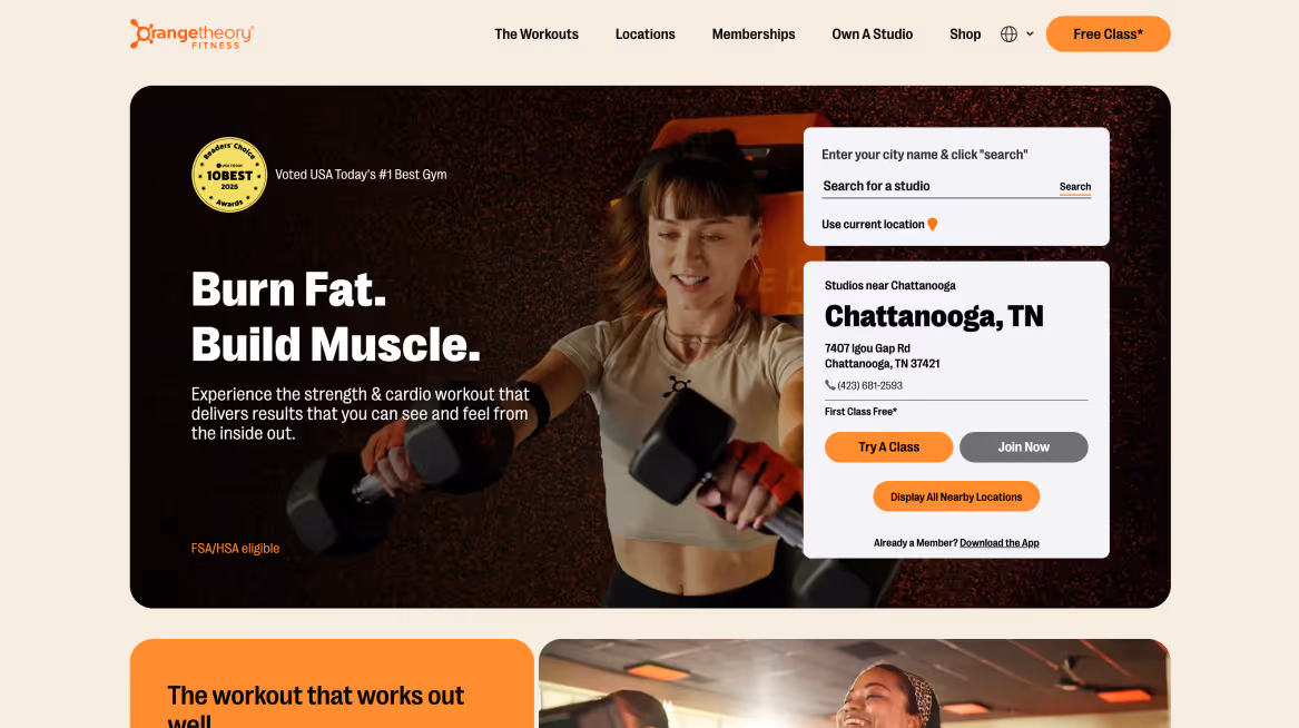 Screenshot of the homepage for Orangetheory Fitness