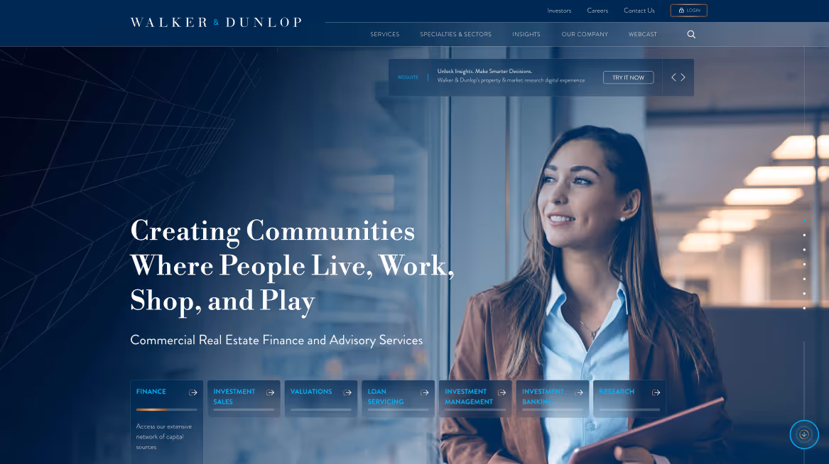 Screenshot of the homepage for Walker & Dunlop