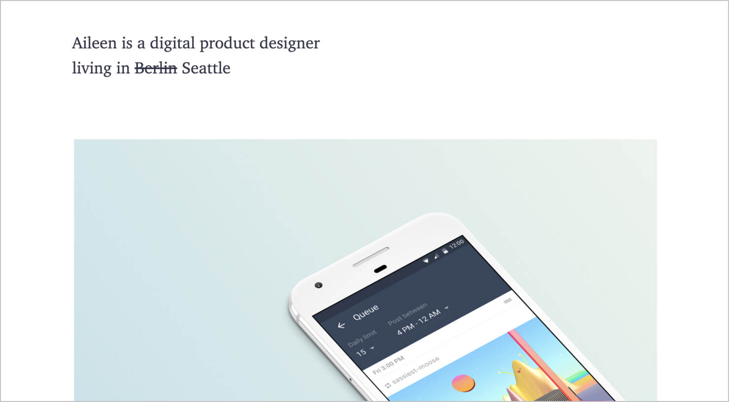 Aileen Shin's clean portfolio showcases a few projects with large, quality visuals.