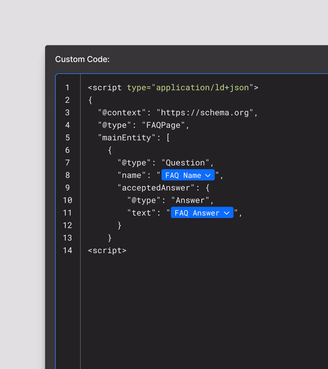 Screenshot of a Webflow code editor showing schema markup for a blog.