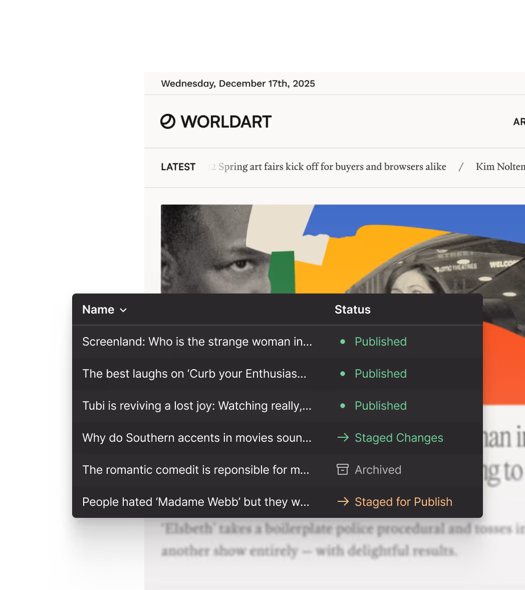 Composite of a Webflow CMS panel displayed over a blog website.