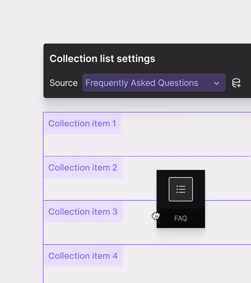  A composite of a Webflow FAQ collection list.
