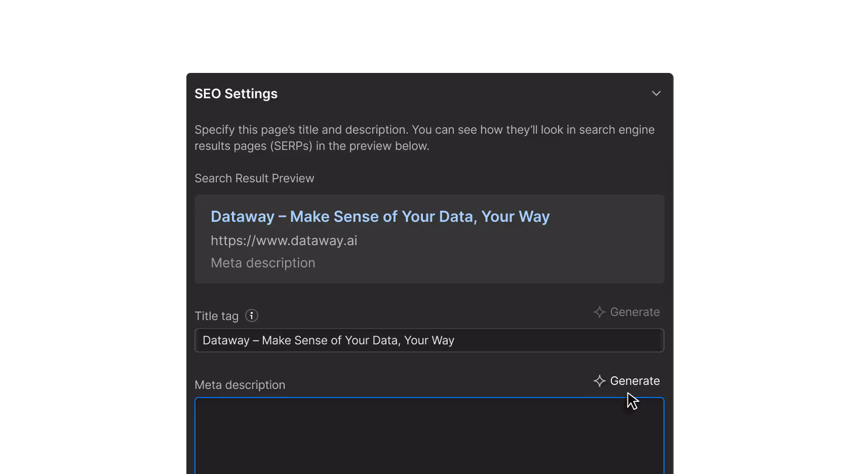 A screenshot of Webflow showing the ability to generate SEO meta data with AI.