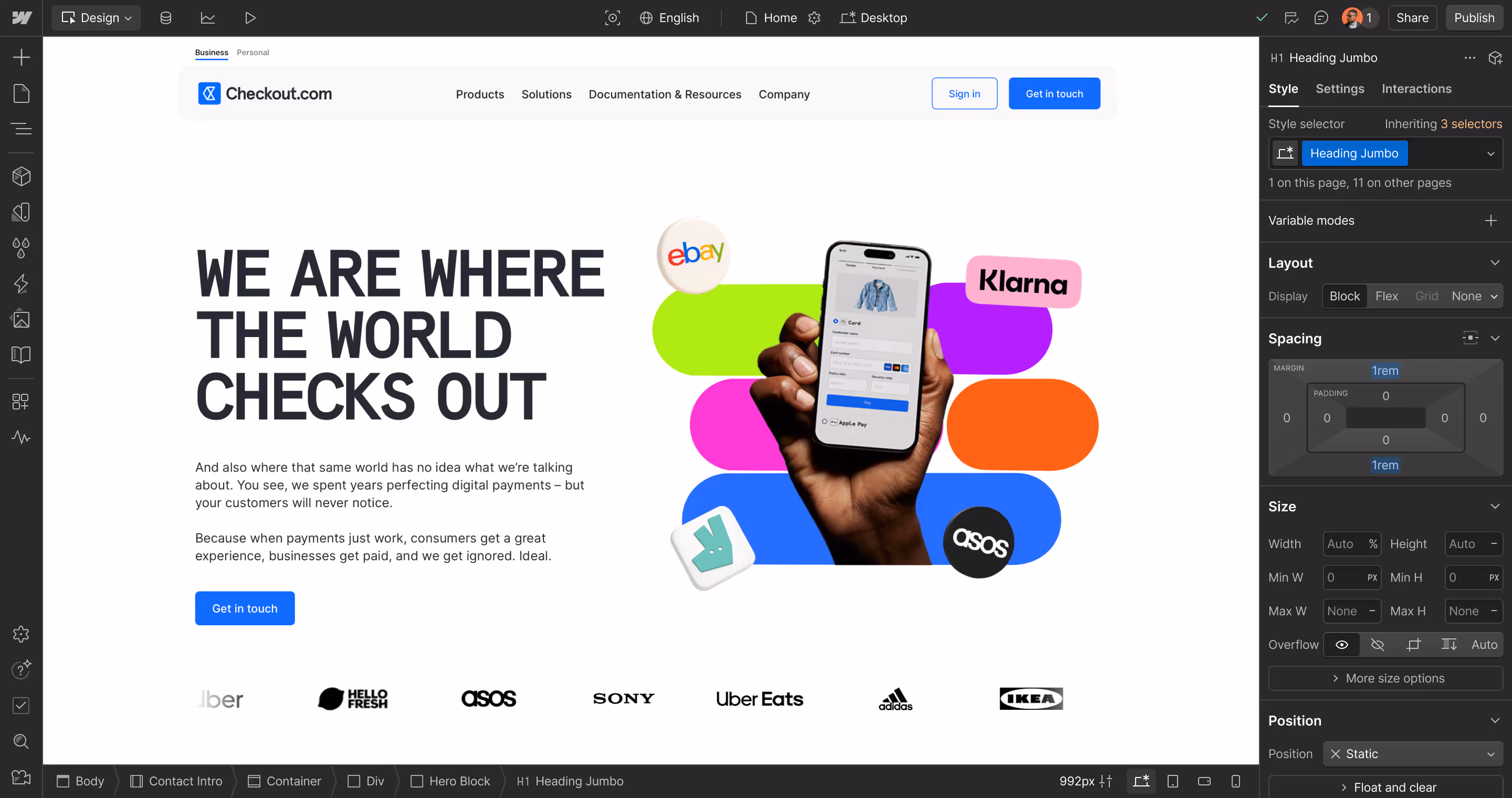 A screenshot of checkout.com inside the Webflow canvas.