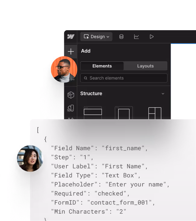 A composite image showing the Webflow canvas and a code text editor. Two profile pictures overlay both to represent collaboration between developers and Webflowers.