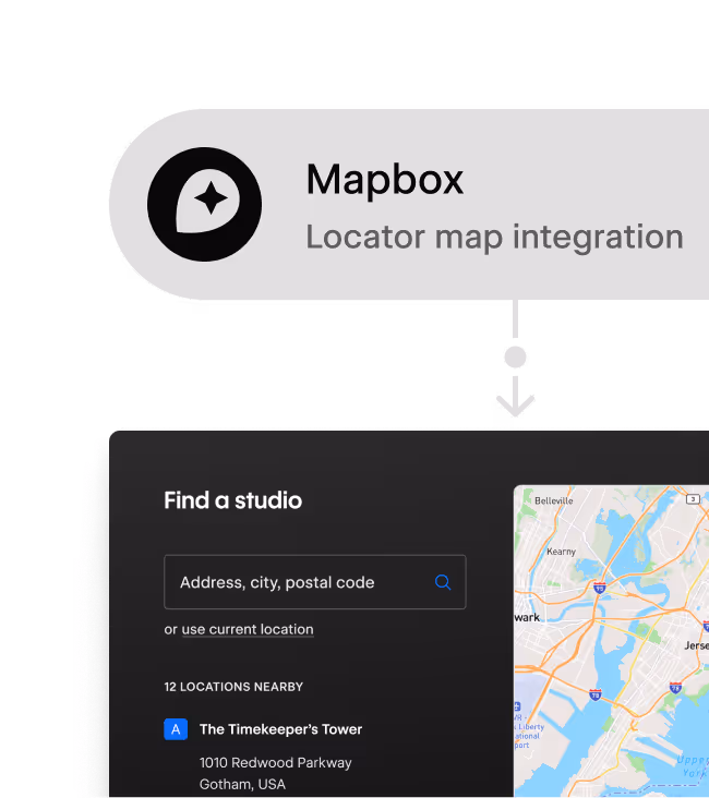 A composite image showing a Mapbox integration indicator and a store locator design.