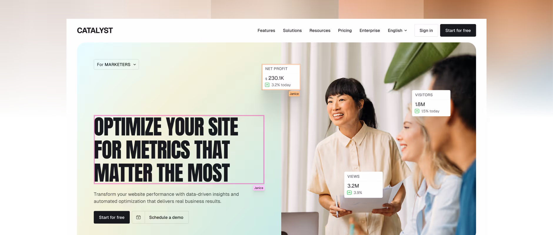 Webflow canvas showing multiple people editing the same page and their name badges on different elements.