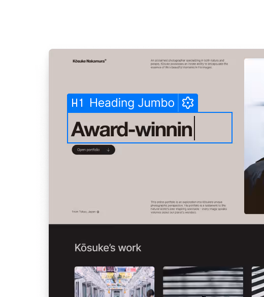 The Webflow canvas with the heading element selected and the corresponding styles attached.