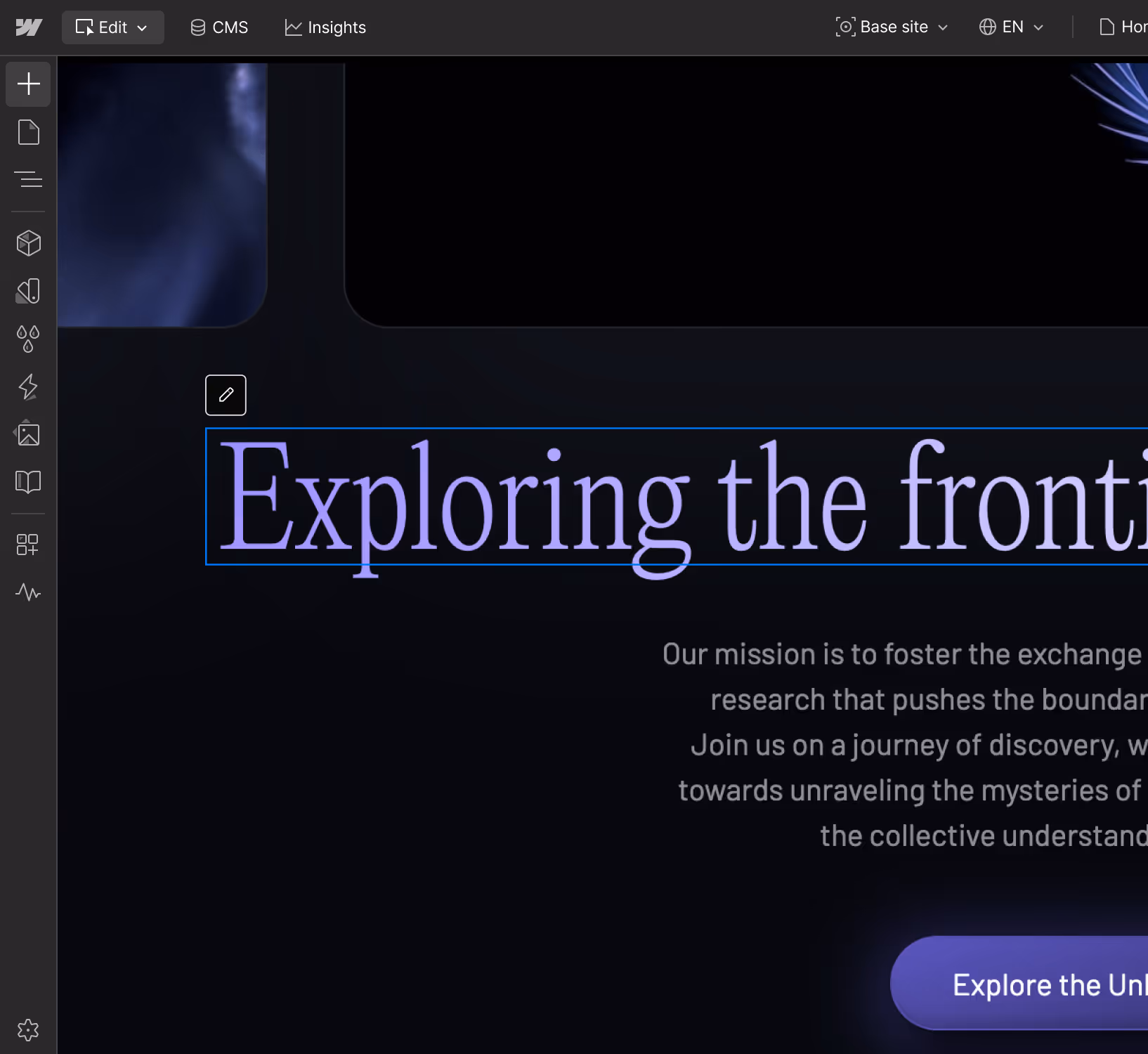 Screenshot of the Webflow edit interface showing editable text.