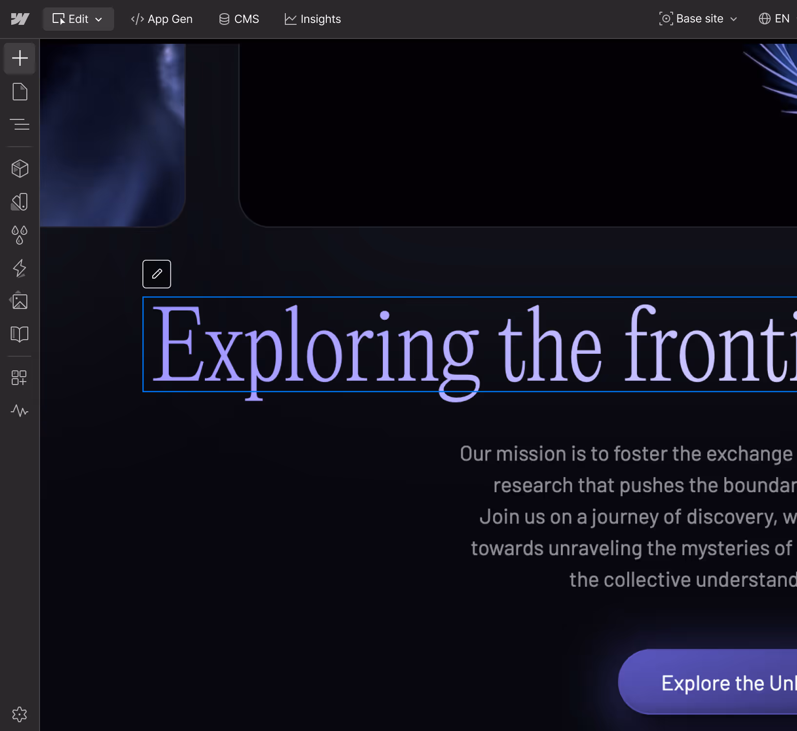 Screenshot of the Webflow edit interface showing editable text.