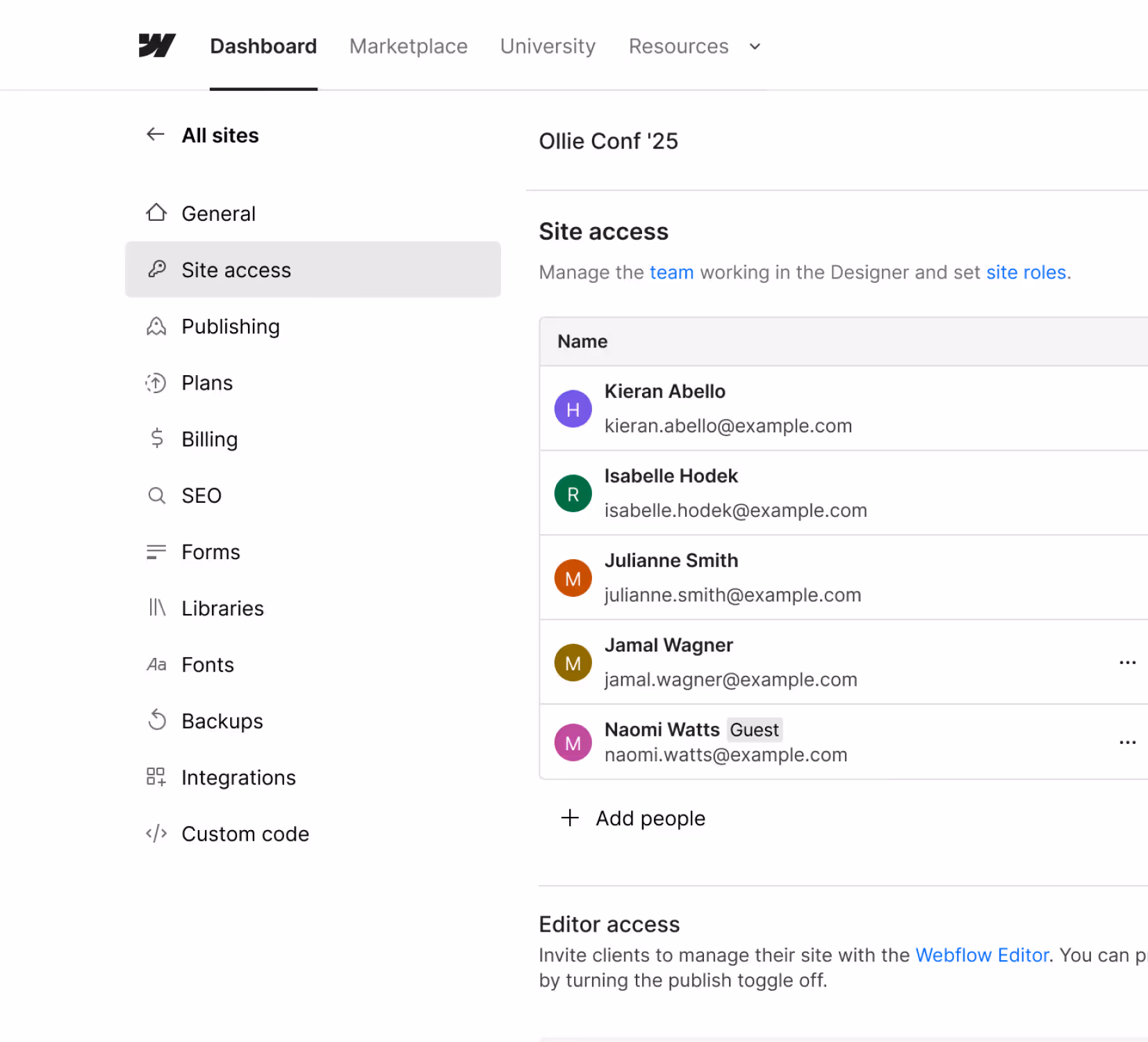 Webflow dashboard showing site access settings with a list of team members.