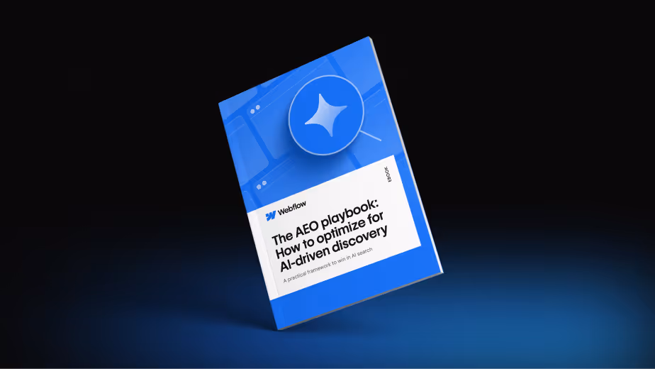 Cover of the Webflow eBook titled 'The AEO playbook: How to optimize for AI-driven discovery'.