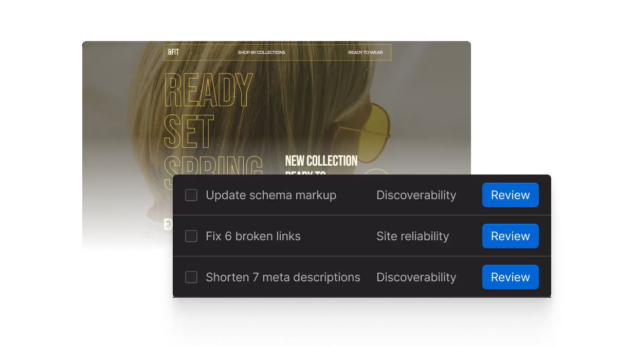 Website screenshot alongside a checklist overlay showing SEO tasks to review schema markup, fix 6 broken links, and shorten 7 meta descriptions.