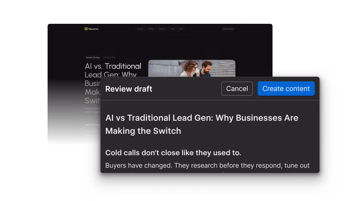 Popup window showing content creation options including 'Generate brief (~4 min)', 'Review & edit structure', and 'Save as CMS draft' with buttons to Ignore or Create brief.