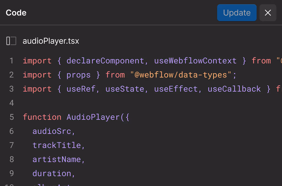 Code editor showing TypeScript React component importing hooks and defining an AudioPlayer function with props including audioSrc, trackTitle, artistName, and duration.