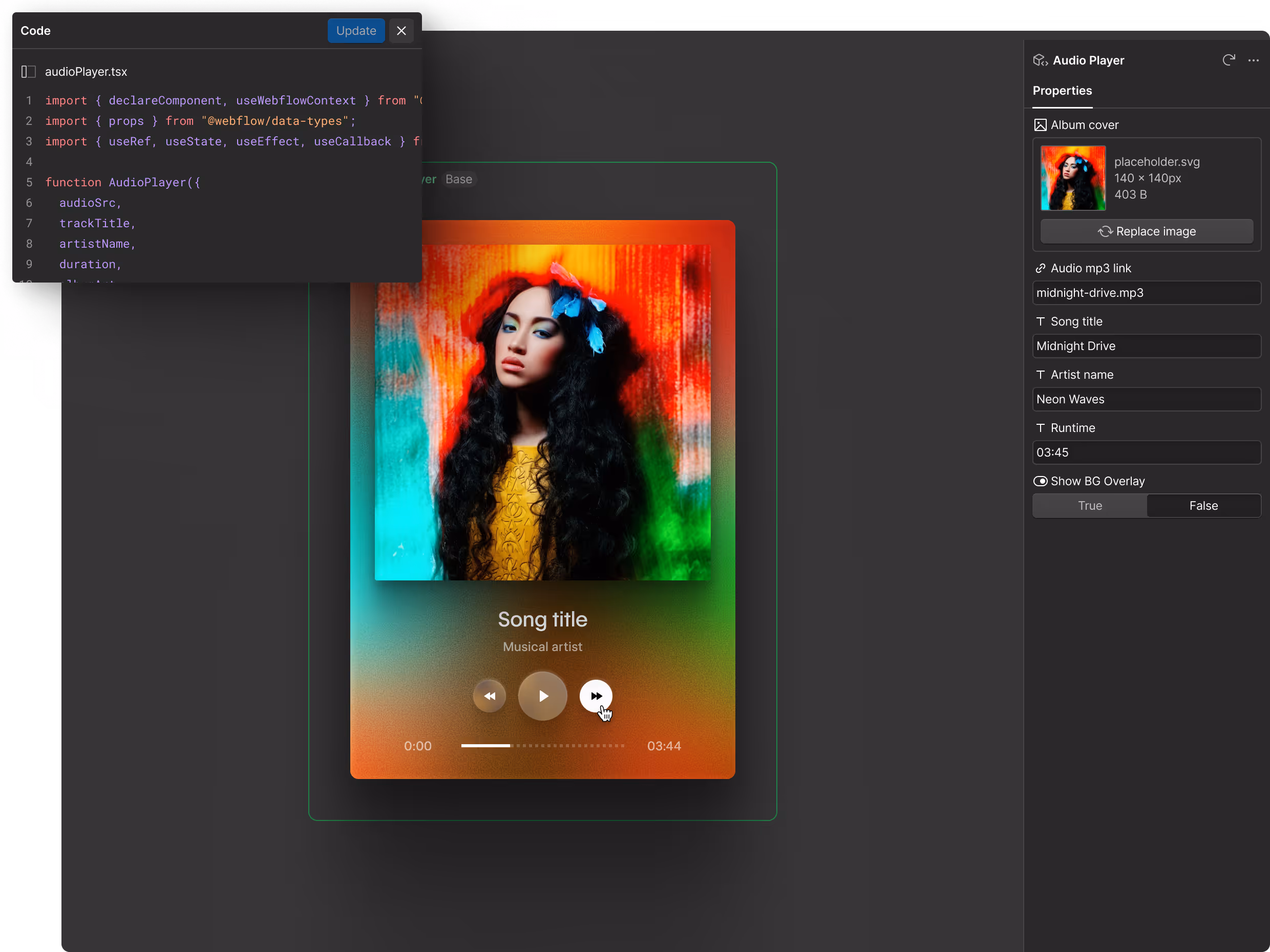 User interface of an audio player ai-generated code component with controls for play, rewind, and forward.