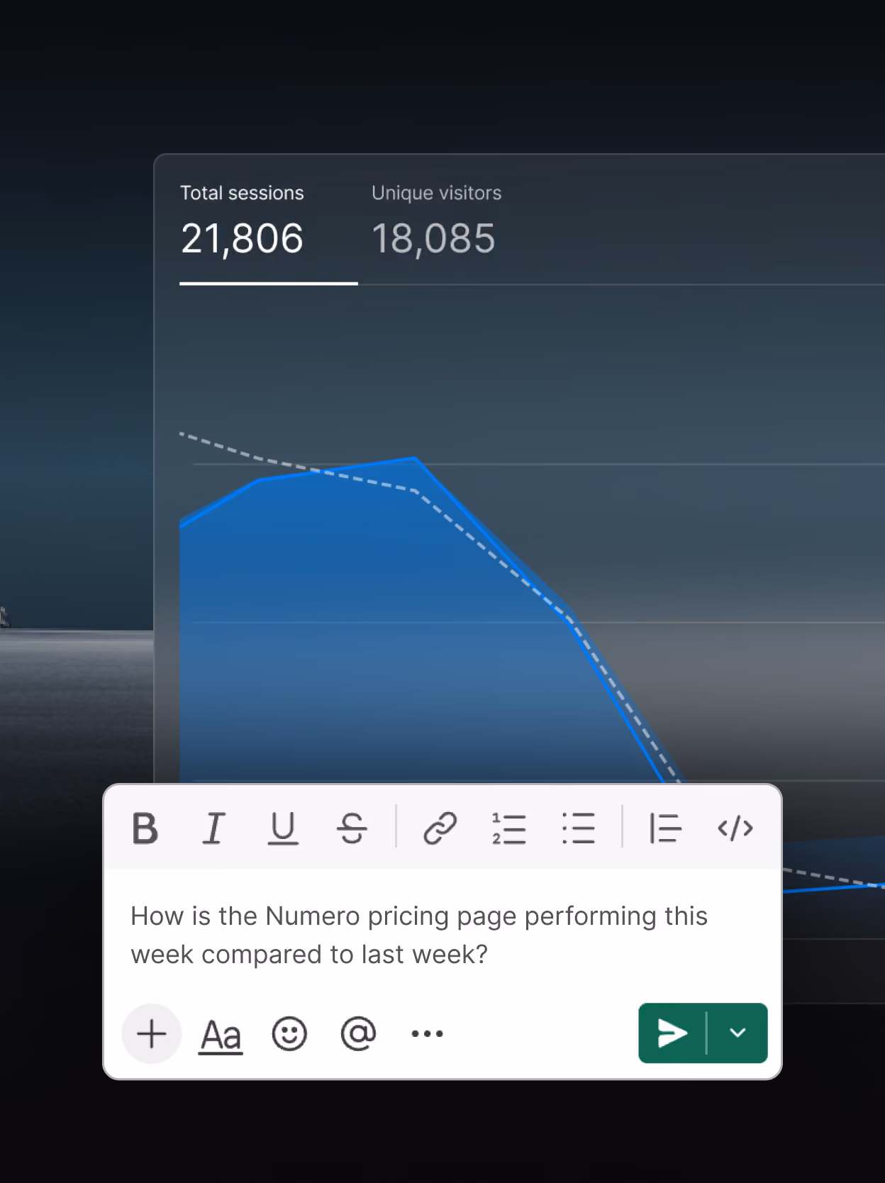 Screenshot of a Slack chat that reads, "How is the Numero pricing page performing this week compared to last week?"