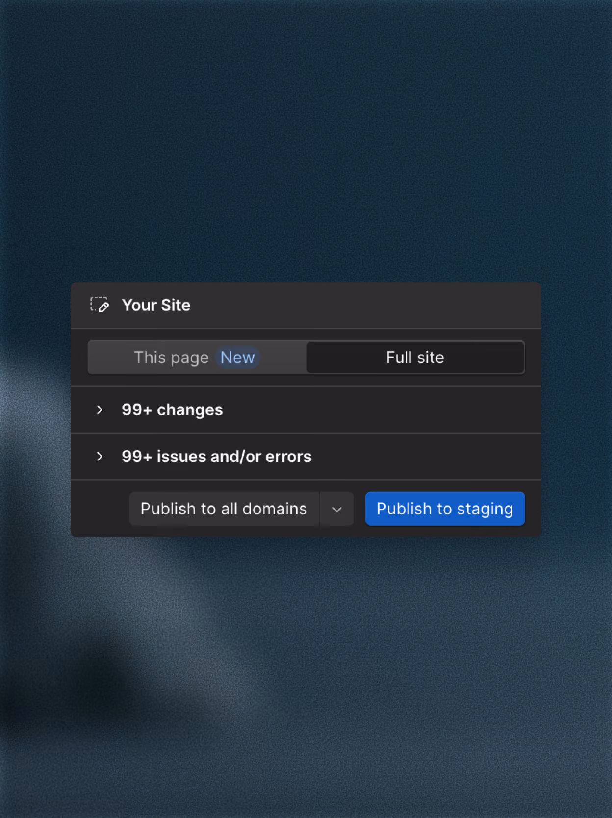 Webflow publish panel showing with options to publish all pages or just the current page.