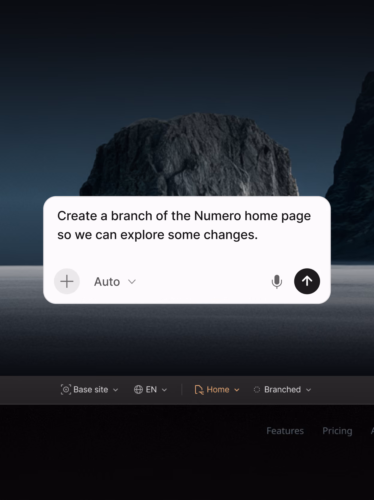 Screenshot of a Cursor chat that reads, "Create a branch of the Numero home page so we can explore some changes."