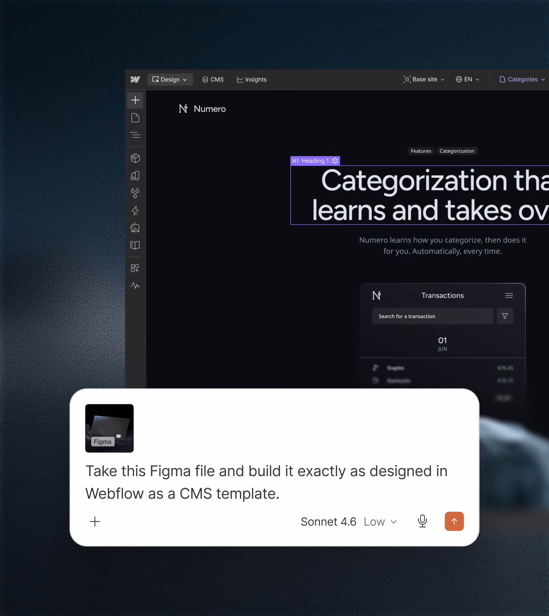 A Claude prompt box that reads, "Take this Figma file and build it exactly as designed in Webflow as a CMS template." The template page is seen in the background within the Webflow canvas.