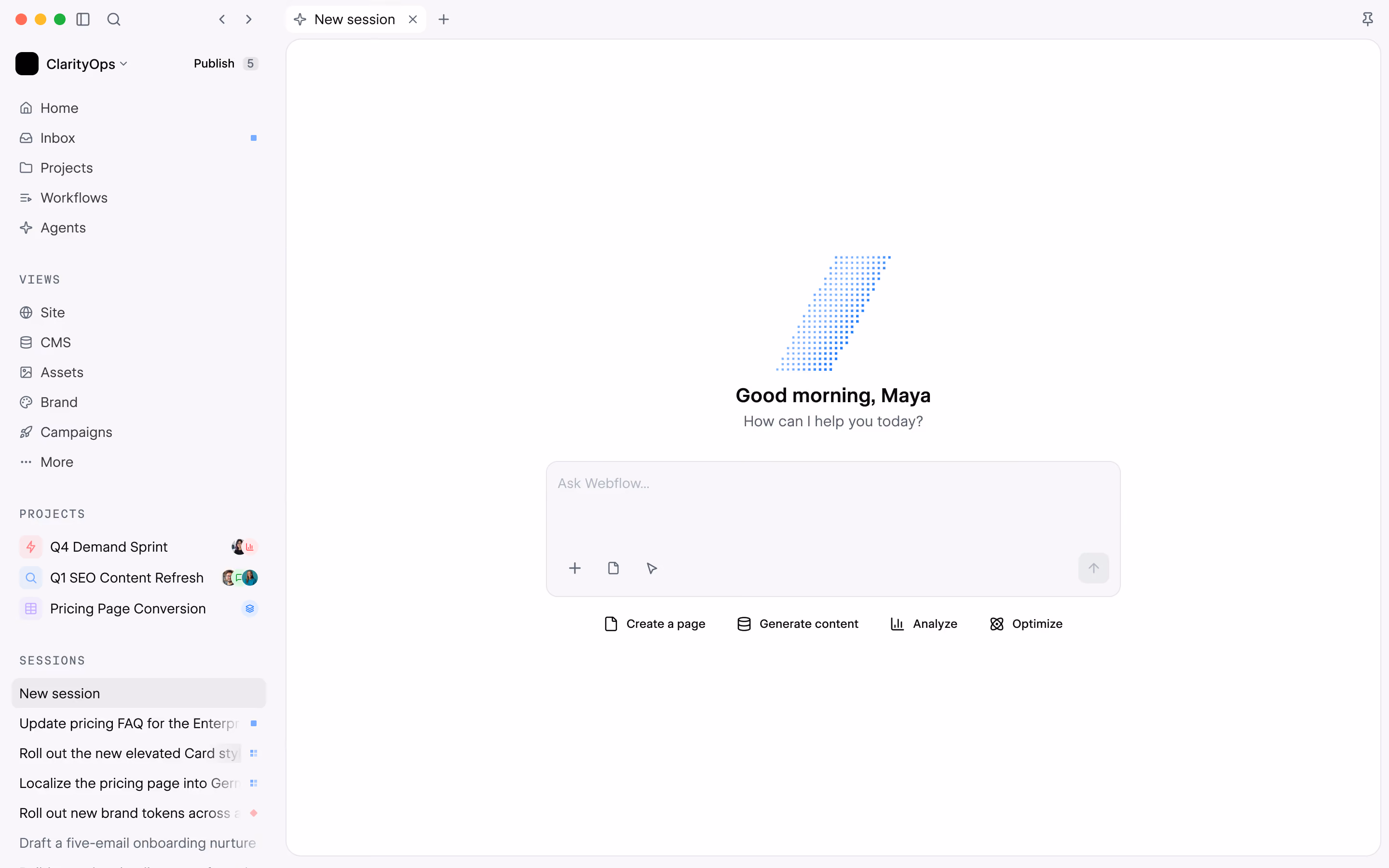 Source user interface showing a new session view.