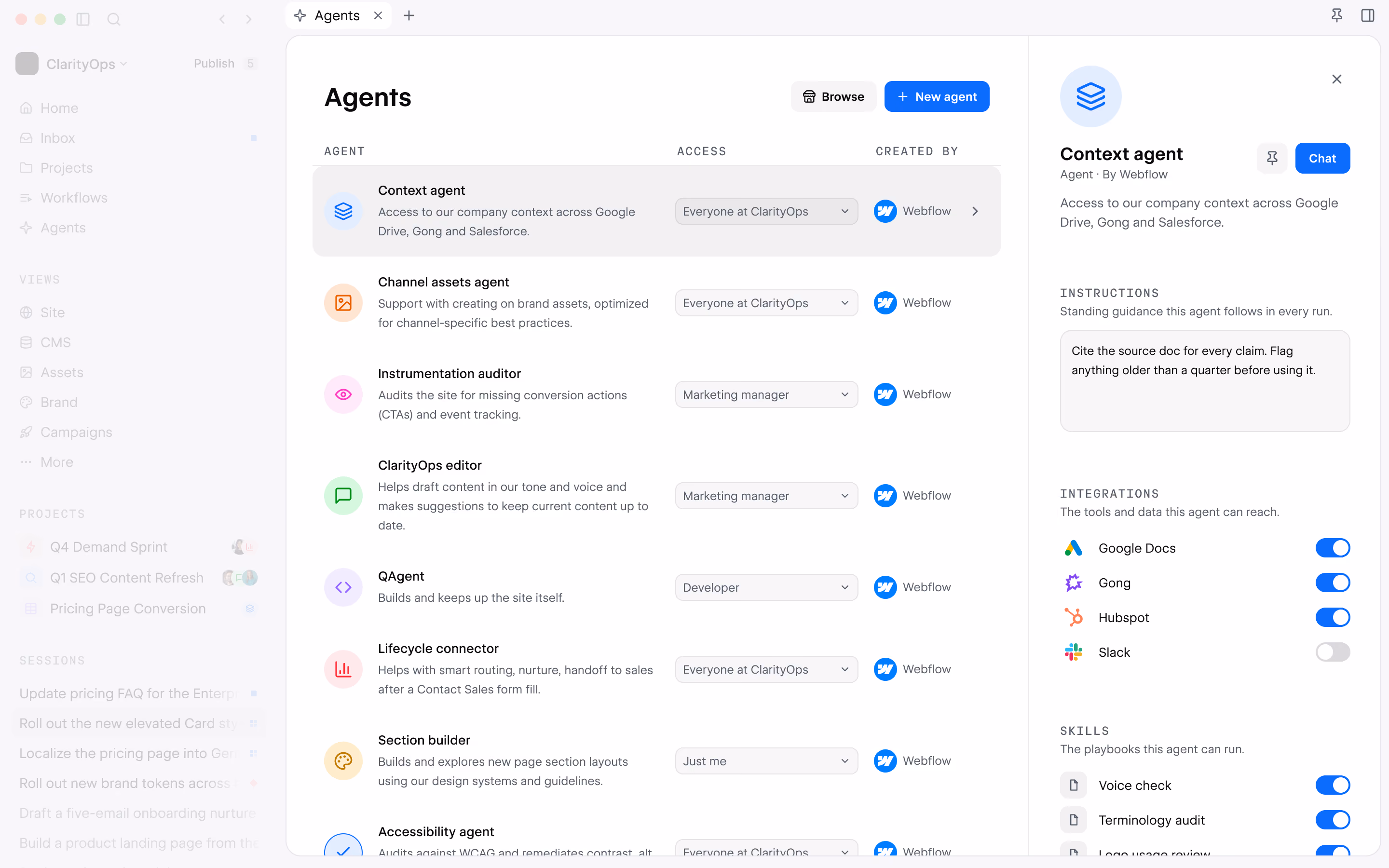 The Source user interface showing custom agents a user has created.