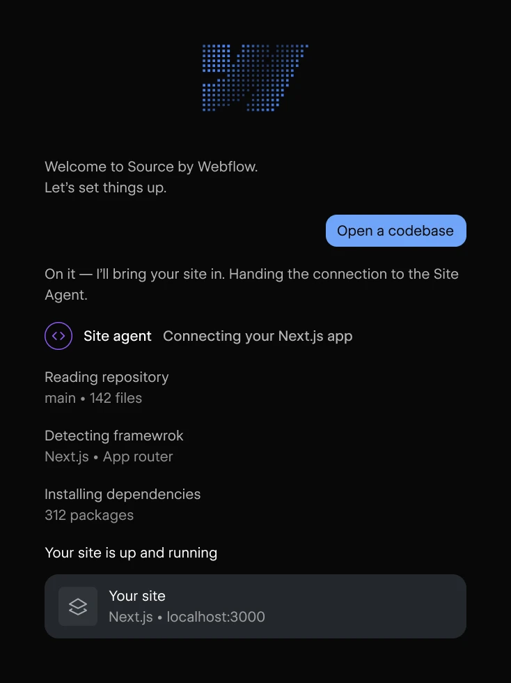 Source user interface showing a chat session where the agent recognized Next.js as the framework being used.