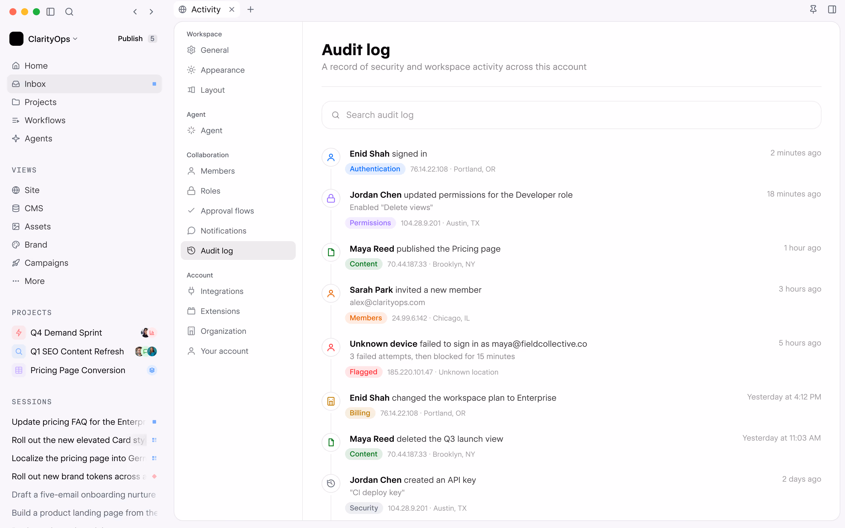 A screenshot of the Source user interface showing an audit log of various user and agent activity.
