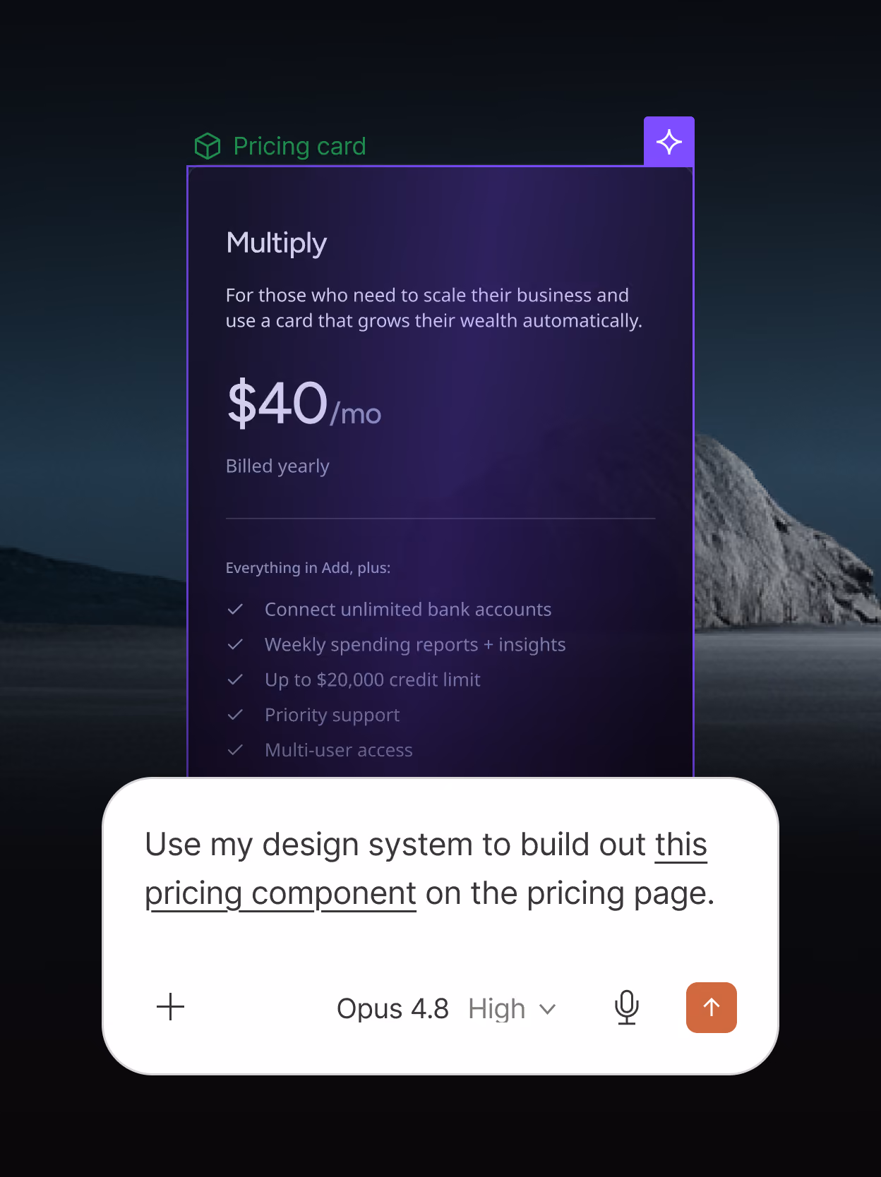 Screenshot of a Claude chat that reads, "Use my design system to build out this pricing component on the pricing page."