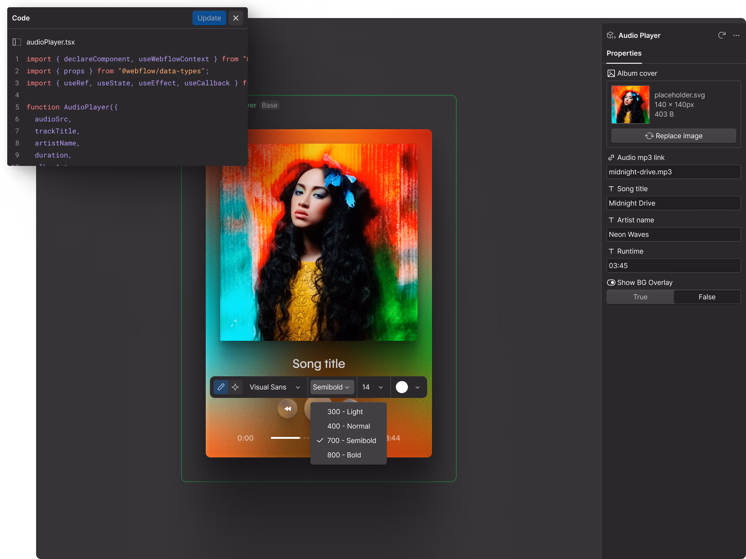 User interface of an audio player ai-generated code component with controls for play, rewind, and forward.