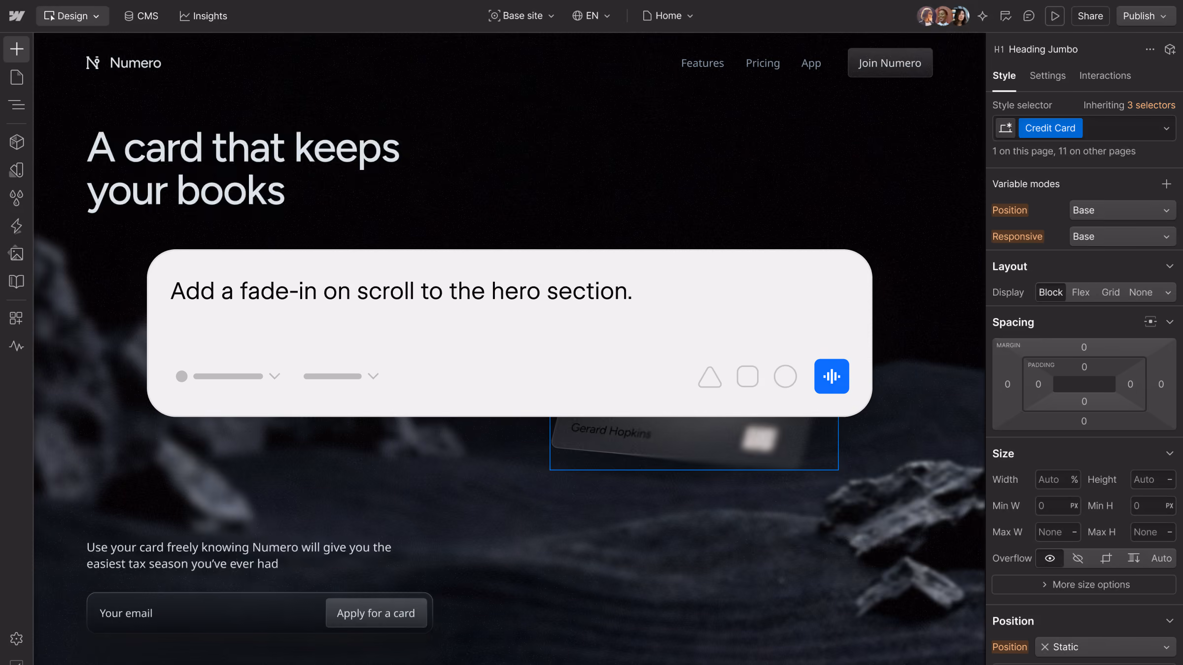 Screenshot of the Webflow interface showing a black-themed webpage and an AI chat box that reads 'Add a fade-in on scroll to the hero section.'
