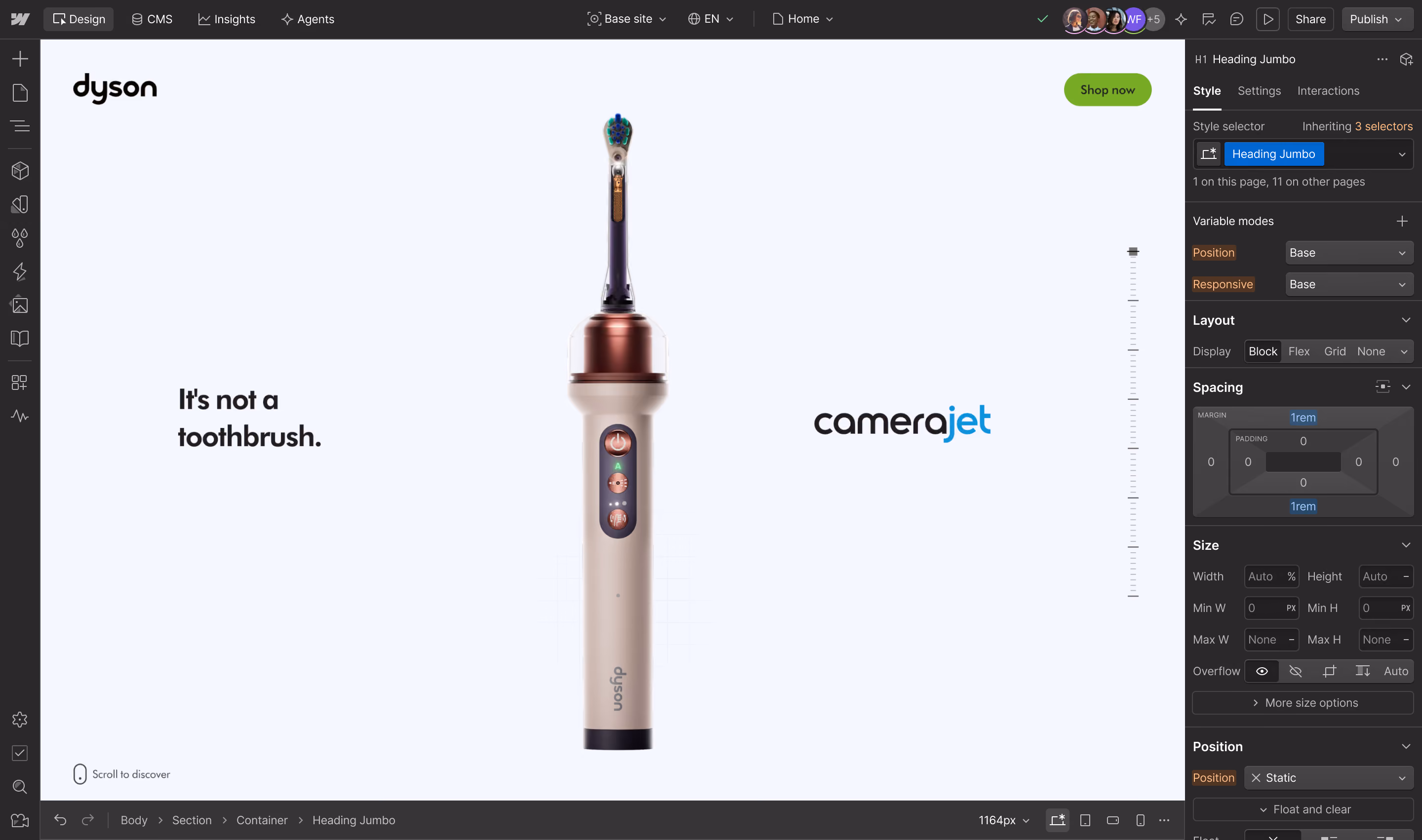 Screenshot of the Webflow user interface with a Dyson product website shown in the canvas.