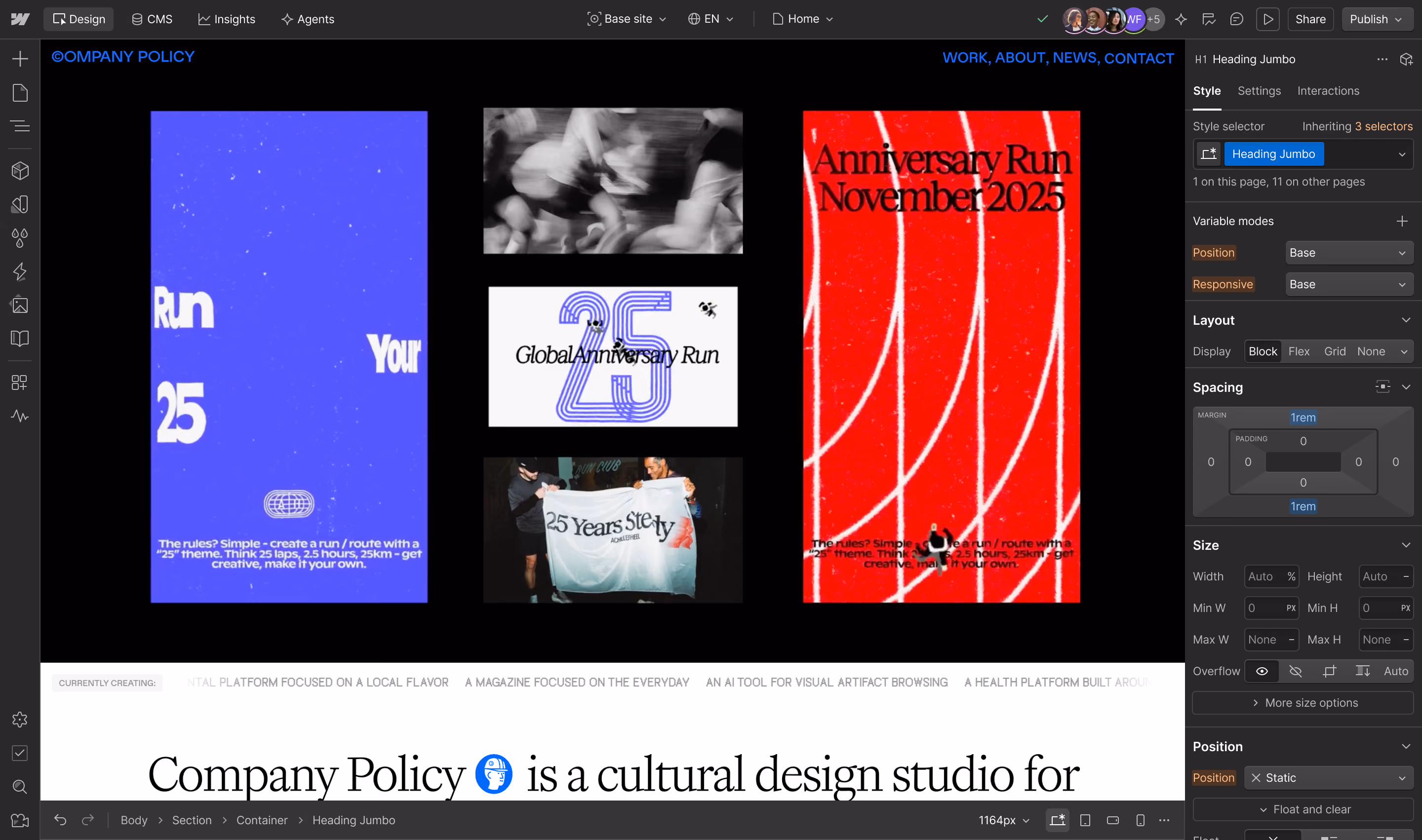 Screenshot of the Webflow user interface with the Company Policy website shown in the canvas.