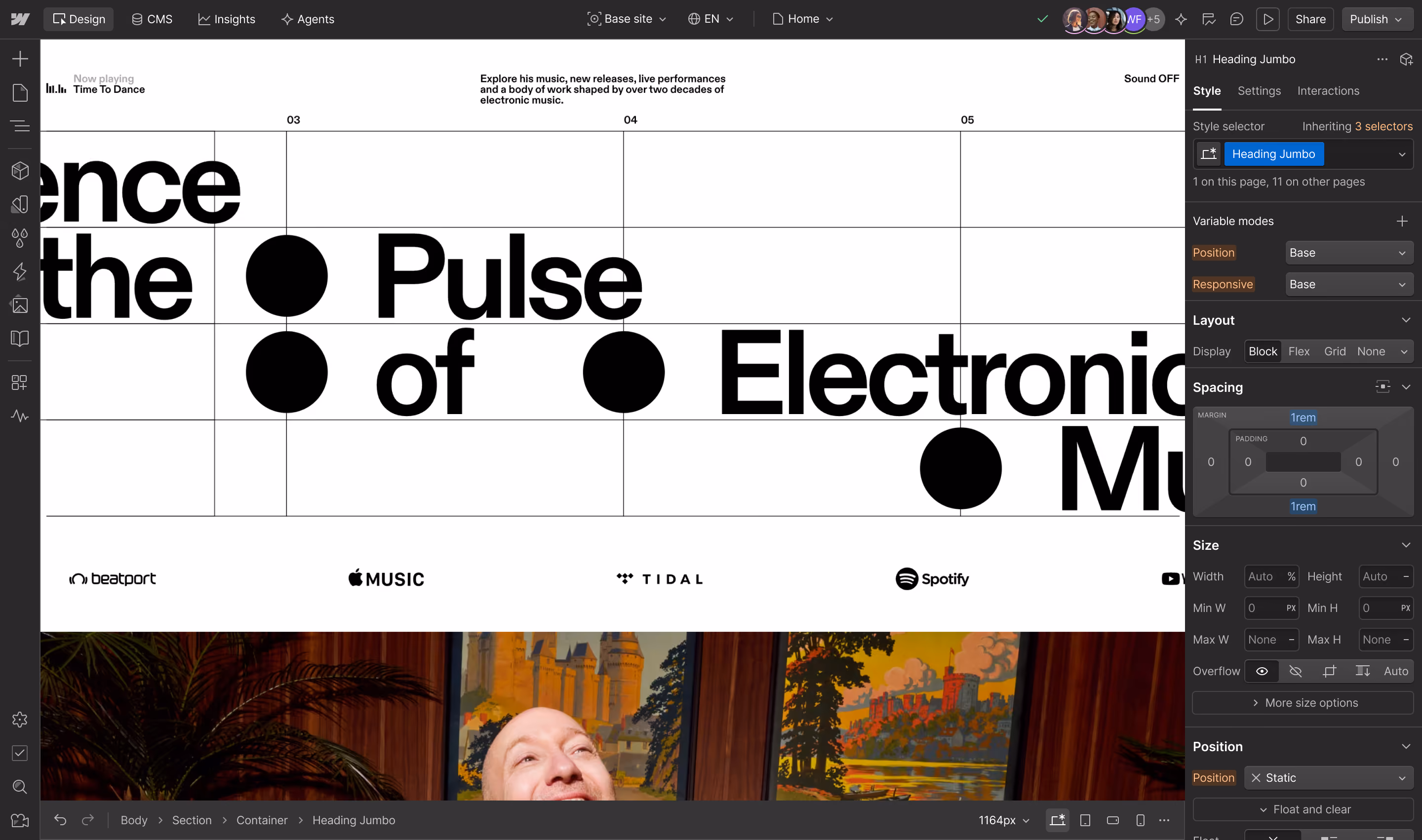 Screenshot of the Webflow user interface with the Paul Kalkbrenner website shown in the canvas.