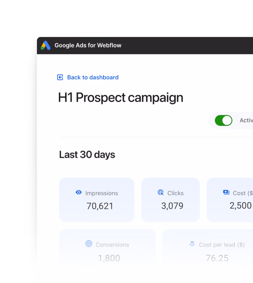 Screenshot of a Webflow Campaigns UI that shows a Google Ads modal.