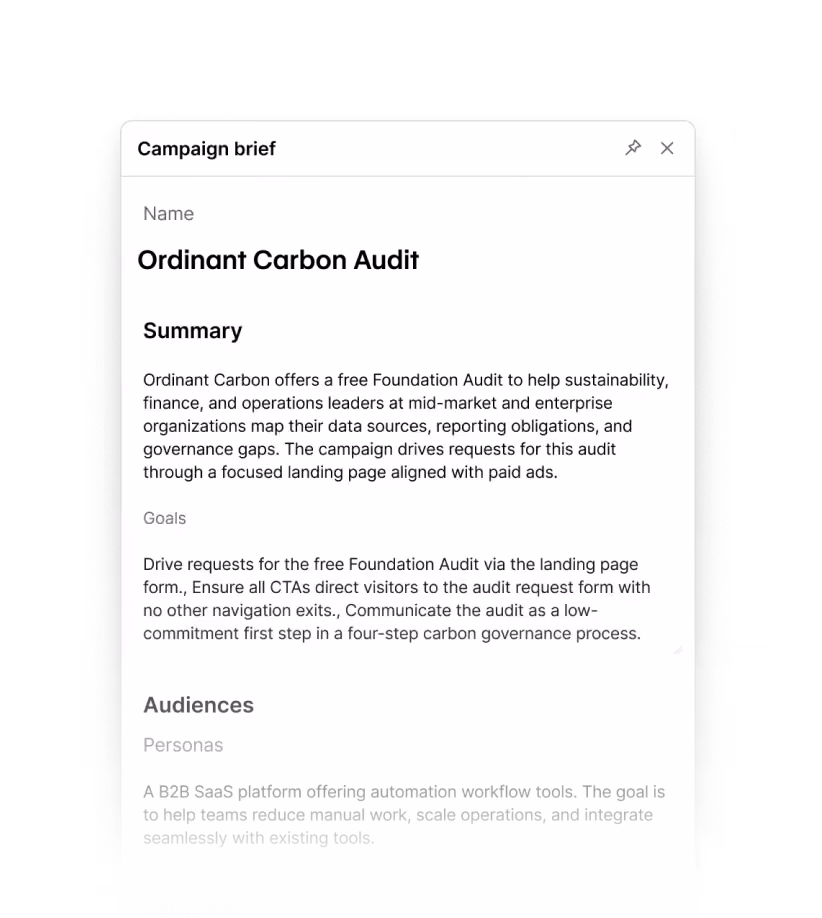Screenshot of a Webflow Campaigns UI that shows a generated creative brief.