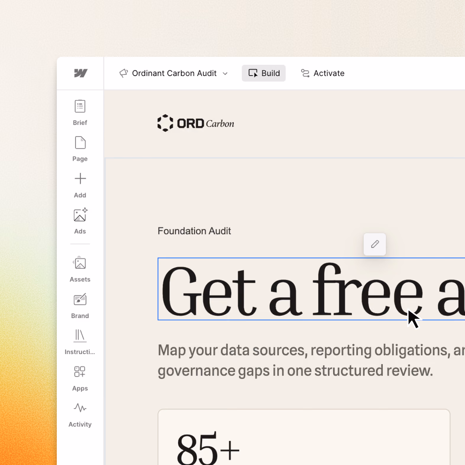 Screenshot of a Webflow Campaigns UI that shows a page being edited on the canvas.