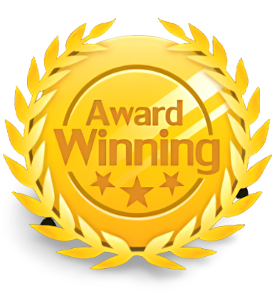 Golden award medallion with laurel wreath and text Award Winning with three stars