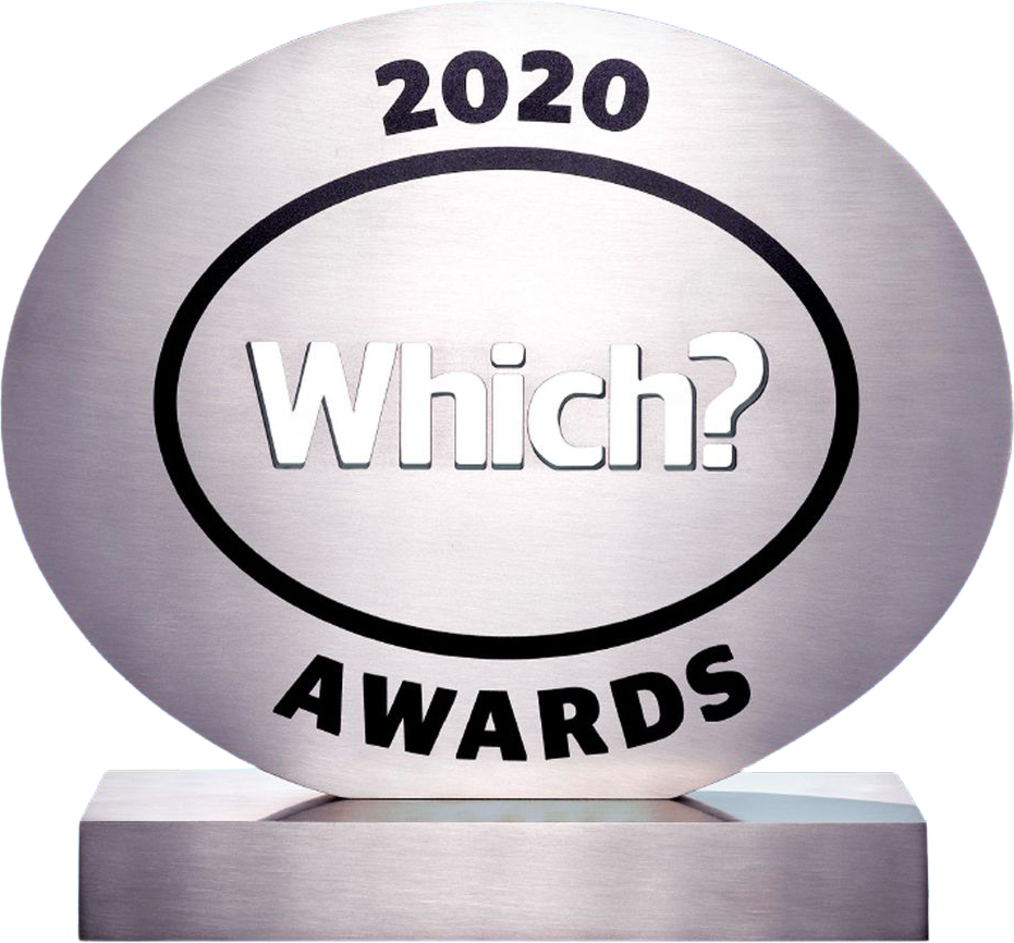 Silver oval-shaped 2020 Which? Awards trophy on a rectangular base.