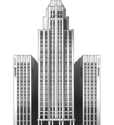 A black and white photo of a tall building.