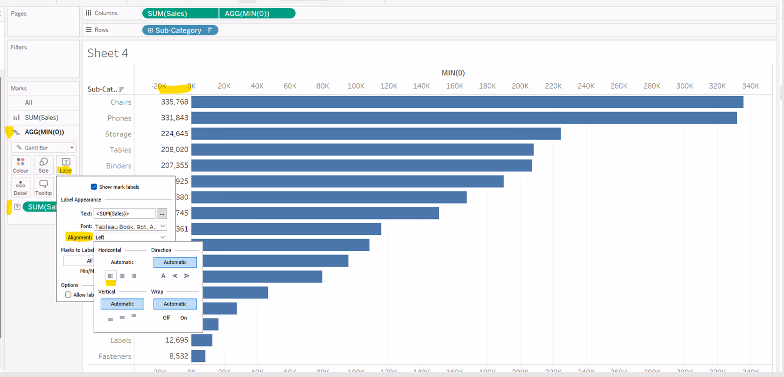 positioning a label outside the start of a horizontal bar chart in Tableau