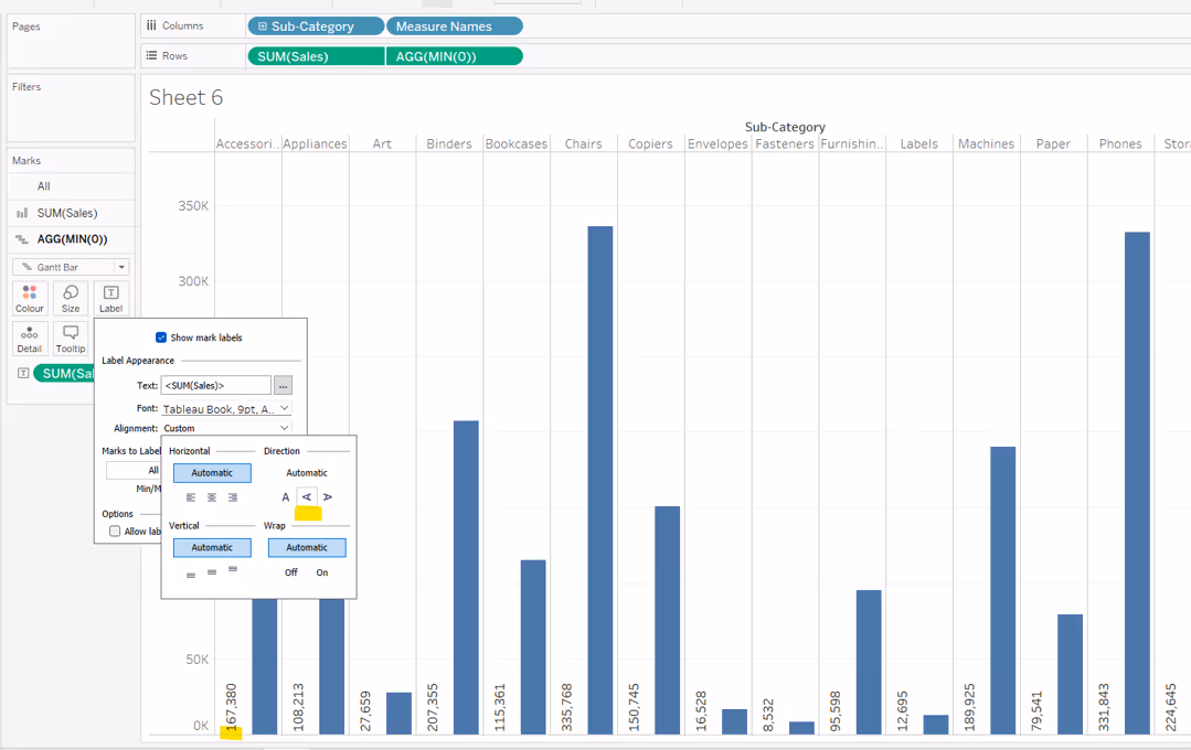 change the direction of the label text on a vertical bar chart in Tableau