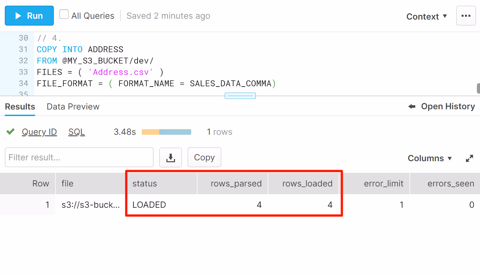 Successfully loaded data within Snowflake