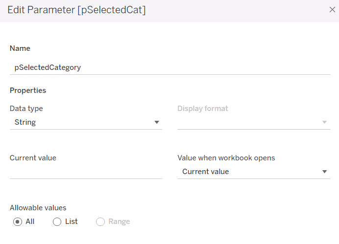 the parameter dialog in Tableau to create an empty string parameter