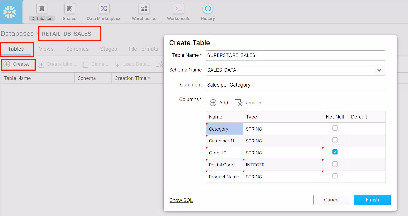 Create table in Snowflake