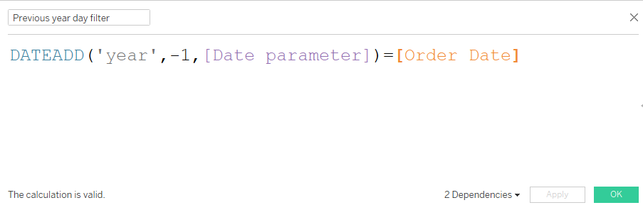 Previous year day filter using parameters