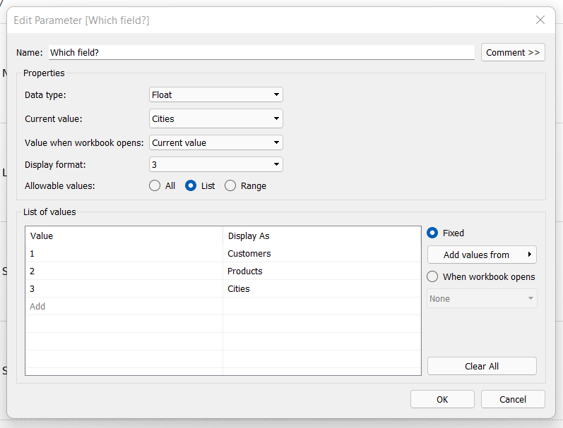 Create the dynamic dimension parameter